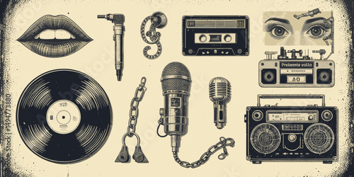 Vintage Music and Media Elements with Microphones, Vinyl, Cassette, and Retro Illustrations