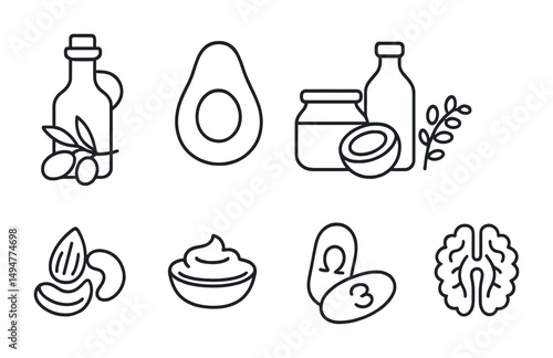 Healthy foods outline icons set – linear nutrition, health, and wellness symbols