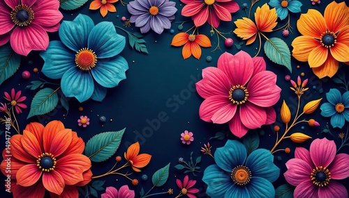 Bold paisley blossoms, vibrant hues on dark ground, textile, bloom, vibrant