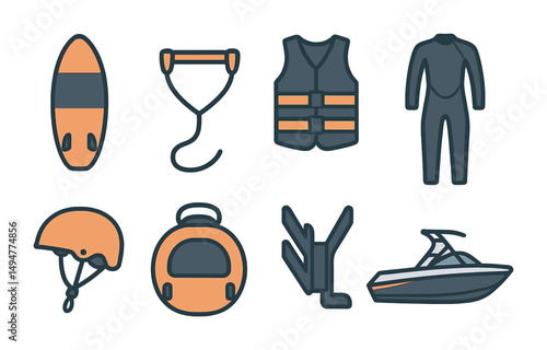Water sports silhouette icons set with aquatic activities and gear symbols