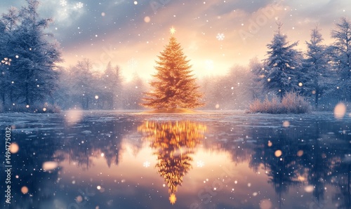 glowing Christmas tree reflecting in a frozen lake, surrounded by snowy trees and softly falling snowflakes, Generative AI