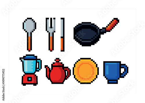 Retro kitchen utensils collection in pixel art style for culinary design projects