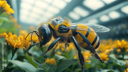 A robotic bee pollinating flowers in a controlled greenhouse environment