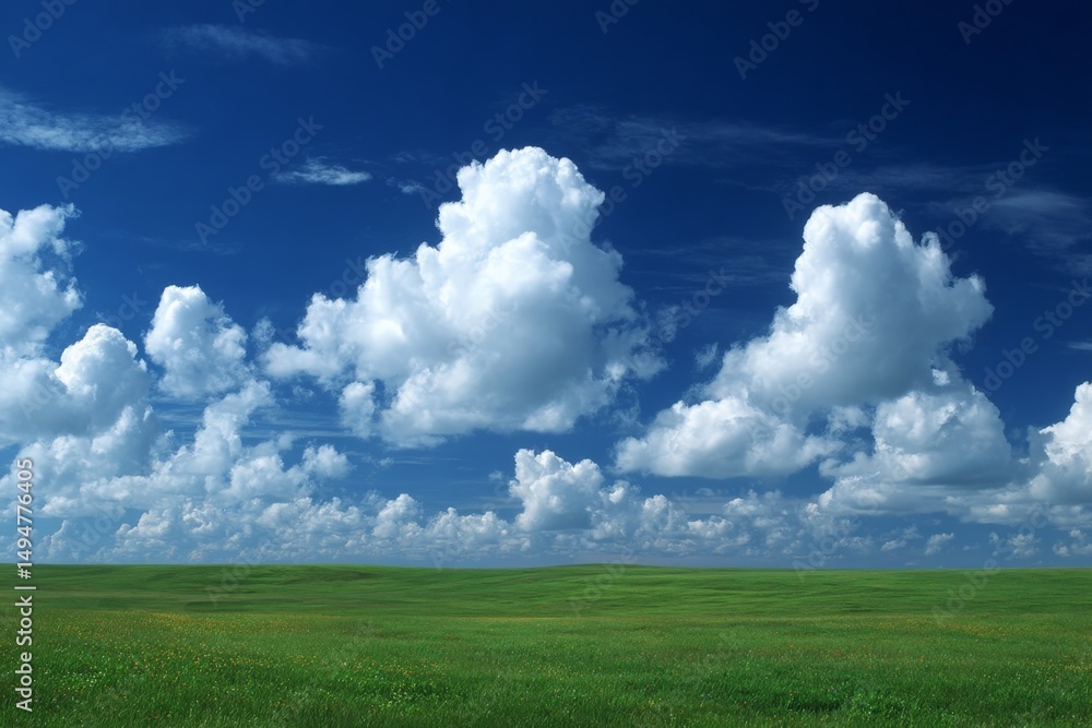 Expansive green landscape under a bright blue sky filled with fluffy white clouds during a sunny day Expansive green landscape under a bright blue sky filled with fluffy white clouds during a sunny day