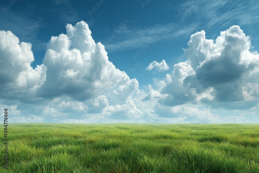 Obraz premium Expansive green field under a vibrant blue sky filled with fluffy clouds during a sunny afternoon