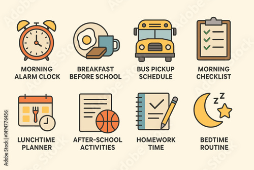 Daily routine outline icons set - linear, schedule, morning and evening tasks symbols