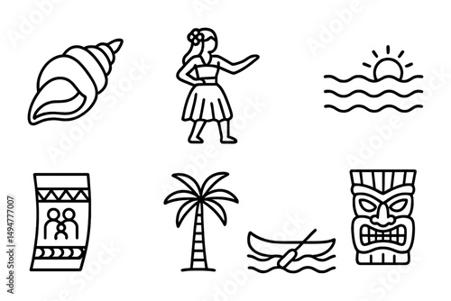 Hawaiian culture outline icons set – linear, tropical, traditional symbols