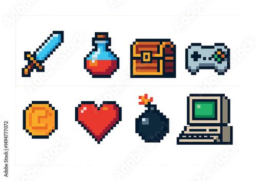 Retro gaming icons featuring sword, potion, and vintage computer
