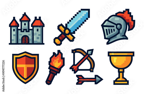Medieval warfare icons set – pixel art, castle, knight and armor symbols
