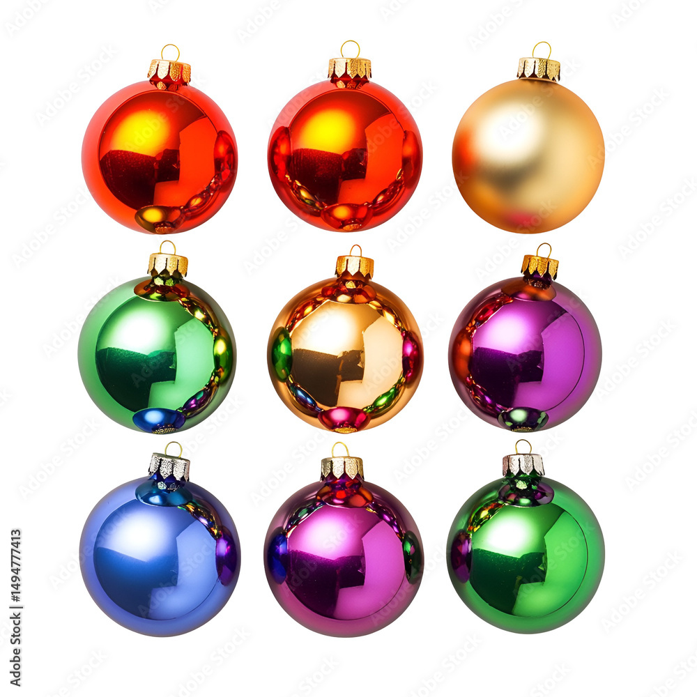 Obraz premium Nine Shiny Christmas Ornaments Red, Gold, Green, Purple, Blue