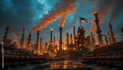 Industrial landscape with American flag pollution