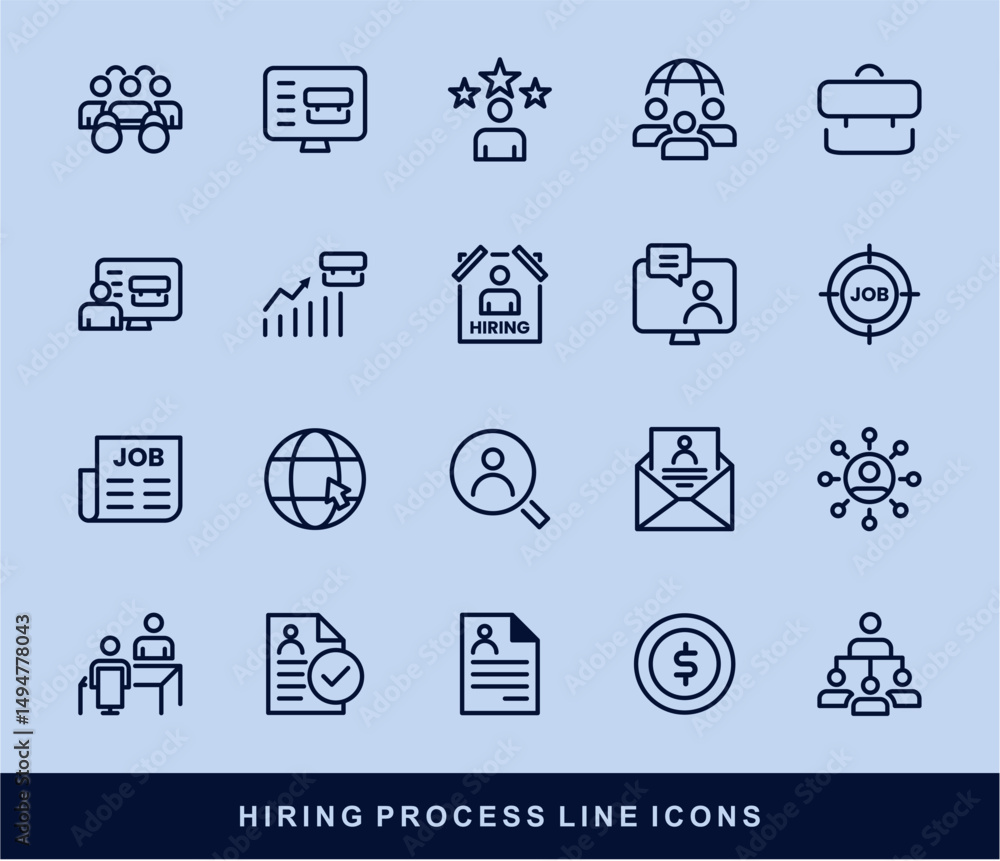 Fototapeta premium Hiring Process Line Icons. Recruitment, Job Application, Interview, Candidate Selection Vector Set