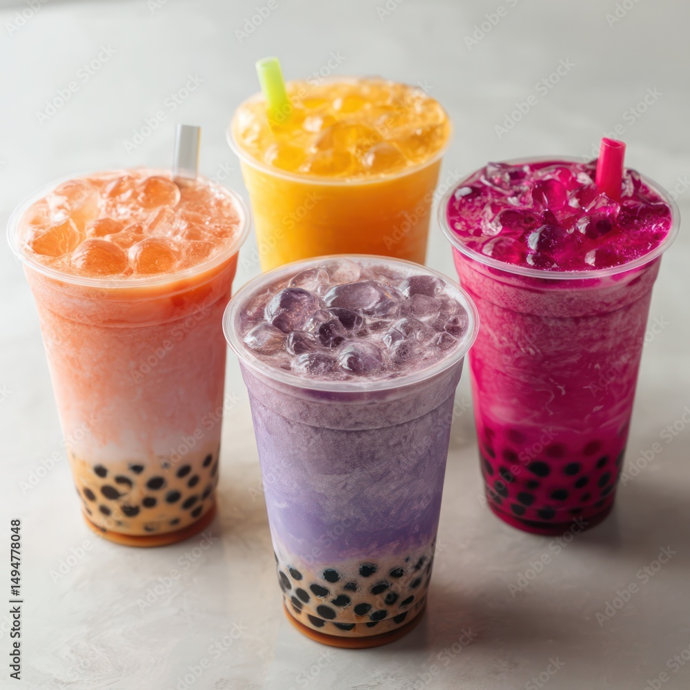 Set of four bubble teas in pink and purple cups, perfect for creative displays and marketing. Set of four bubble teas in pink and purple cups, perfect for creative displays and marketing.
