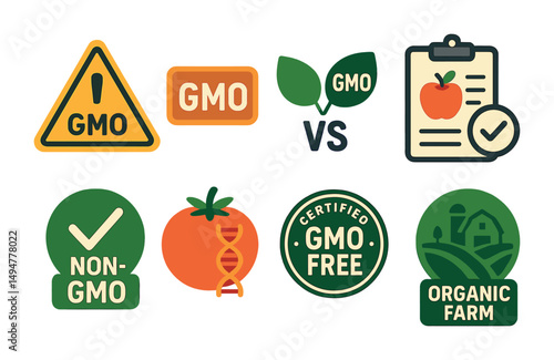 Gmo and organic flat icons set – food labels, certification, agriculture symbols