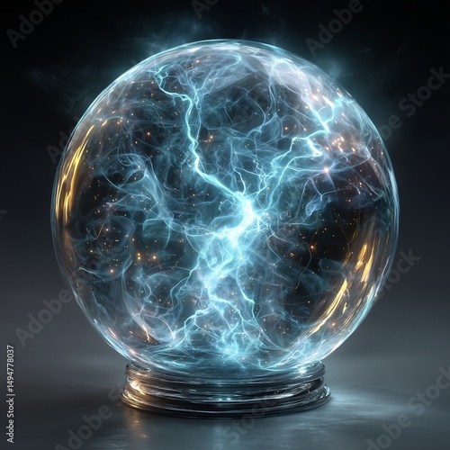 Glass sphere with glowing electric lightning inside, blue energy sparks, sci-fi atmosphere, black backdrop