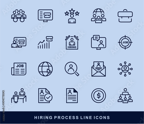 Hiring Process Line Icons. Recruitment, Job Application, Interview, Candidate Selection Vector Set