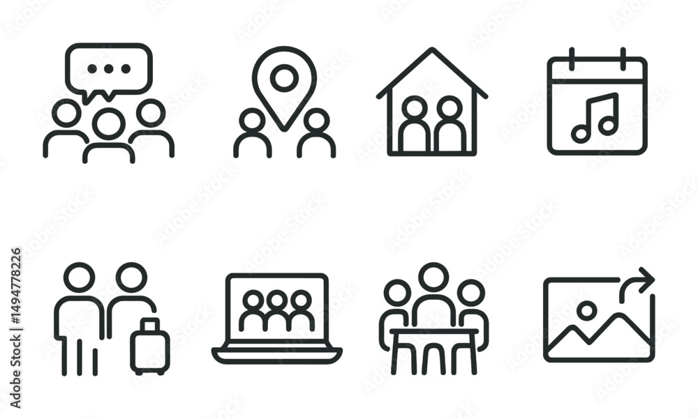 Communication and collaboration icons set – line, outline, meeting and teamwork symbols Communication and collaboration icons set – line, outline, meeting and teamwork symbols