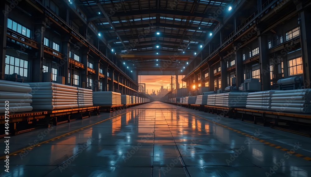 Fototapeta premium Industrial warehouse reflects sunset cityscape glow