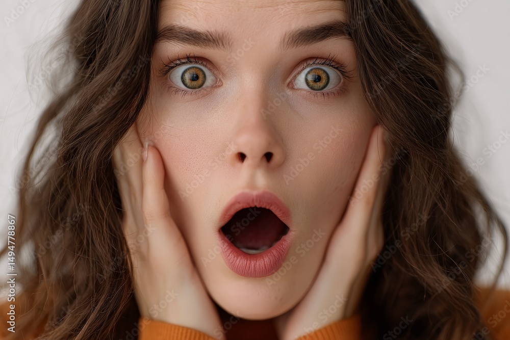 Young woman expresses shock and surprise with hands on her face in an indoor setting Young woman expresses shock and surprise with hands on her face in an indoor setting