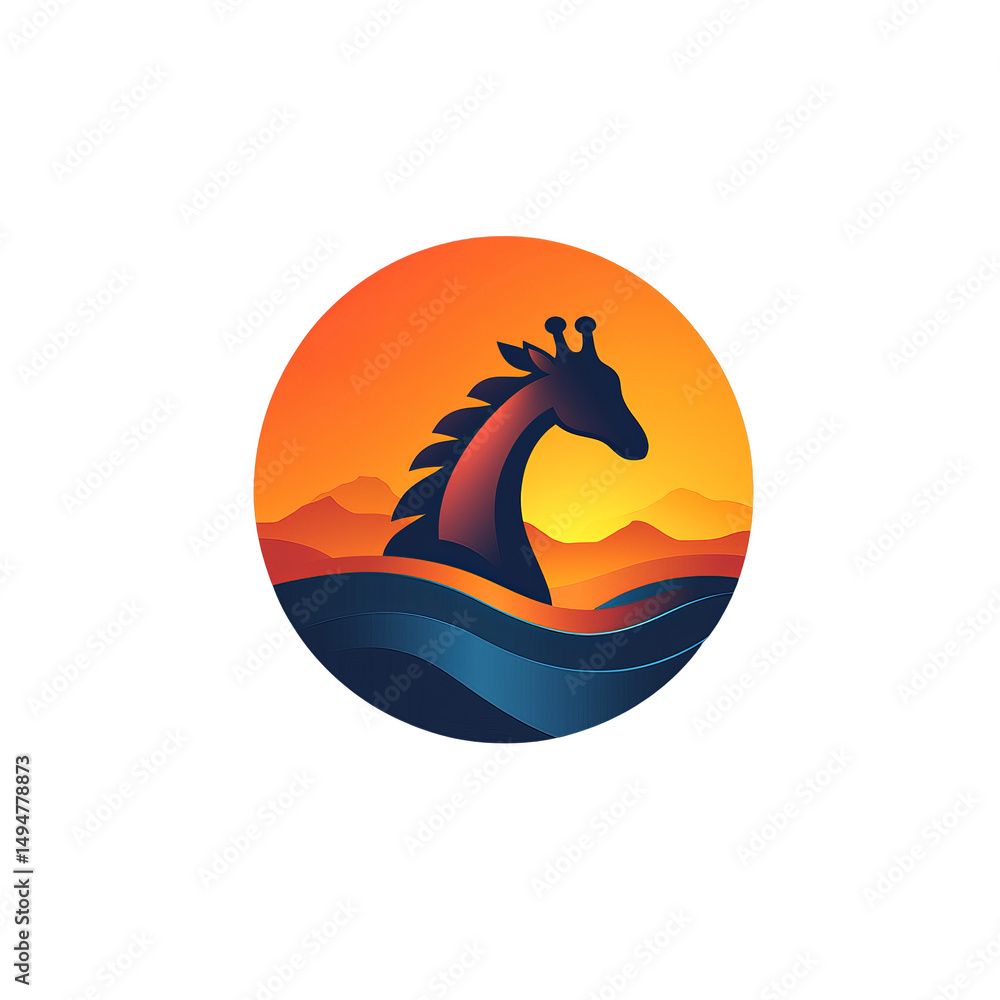Obraz premium Stylized illustration of giraffe head emerging from water with sunset background, mountains, and waves, creating vibrant