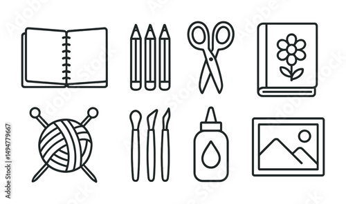 Craft and diy linear icons set – outline, art, creative design symbols