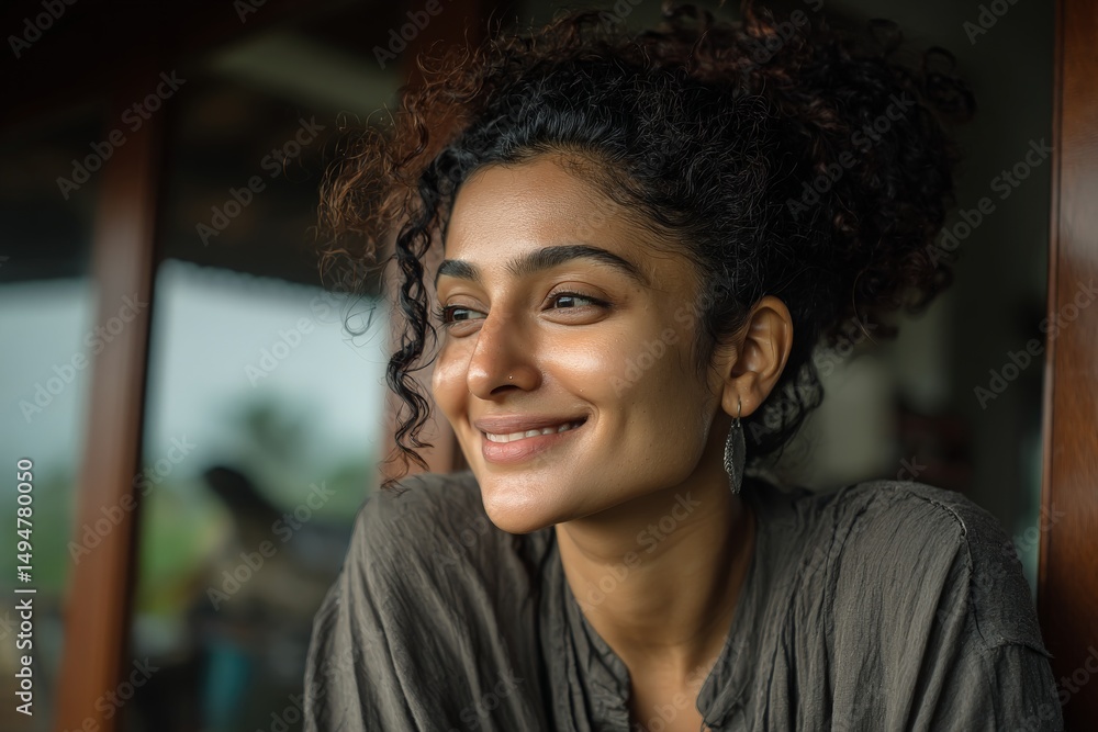 Smiling woman enjoying a peaceful moment by the window in a cozy indoor space during the afternoon Smiling woman enjoying a peaceful moment by the window in a cozy indoor space during the afternoon