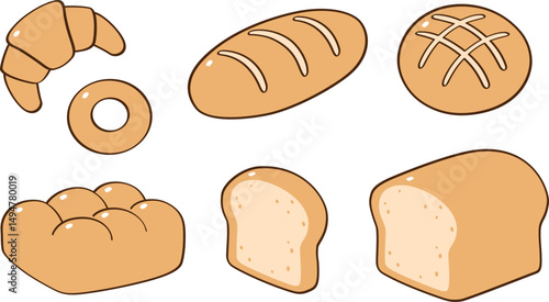 A set of freshly baked breads on a white background. This set includes a variety of breads, such as croissants, baguettes, and donuts.