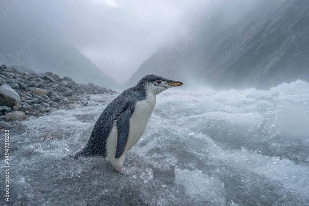 Obraz premium Penguin stands on icy shore amidst misty mountain landscape during a chilly winter day