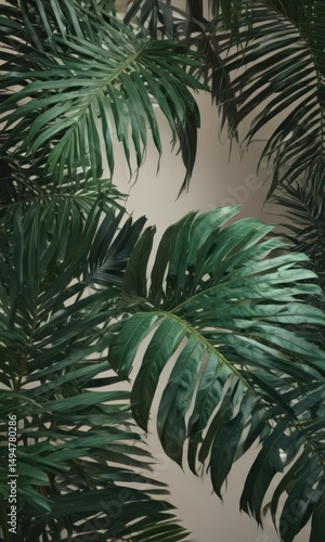 Deep emerald palm leaves, intricate vein details, tropical humidity, vein, color