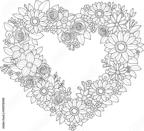Realistic mix flowers and leaves bouquet in heart shape sketch template. Vector illustration in black and white for games, background, pattern, decor. Coloring paper, page, story book, print