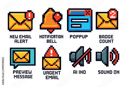 Email and notification pixel art icons set – alert, message, digital communication designs