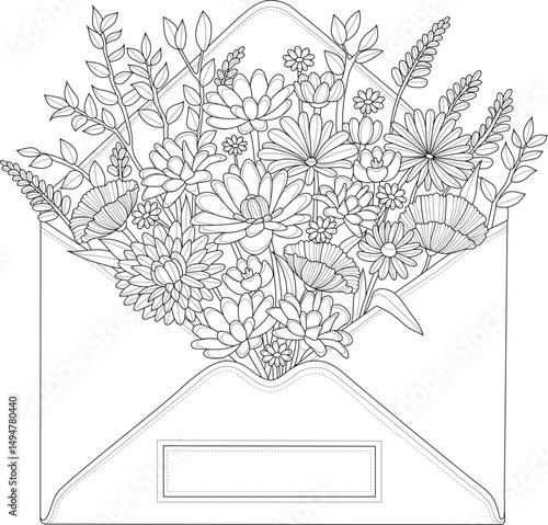 Realistic graphic mix flower bouquet in envelope sketch template. Cartoon vector illustration in black and white for games, background, pattern, decor. Coloring paper, page, story book, print
