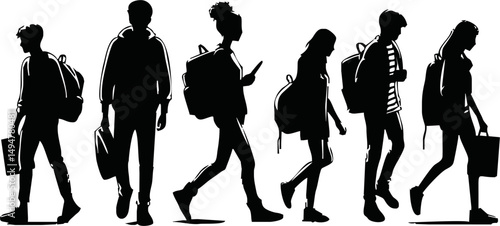 Silhouettes of students walking with backpacks vector style isolated simple vector art on white background