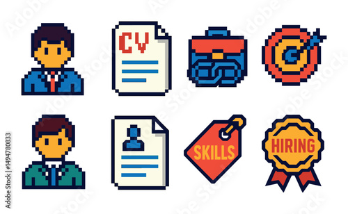 Job and recruitment pixel art icons set – career, hiring, employment symbols