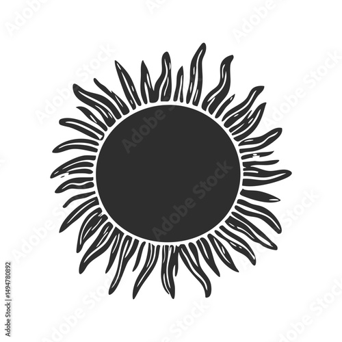 Sun With Radiating Flames Silhouette Illustration. Symbol Of Energy And Warmth Isolated Vector Illustration