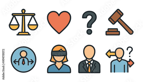 Legal and justice flat icons set – court, law, judiciary and legal representation symbols