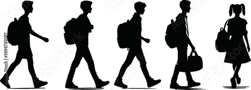 Silhouettes of students walking with backpacks vector style isolated simple vector art on white background