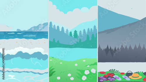 Illustration of three landscape scenes depicting a beach, a lake, and a mountain range view