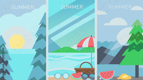Three summer scenes with stylized landscapes featuring trees, beaches, sun, and summer accessories