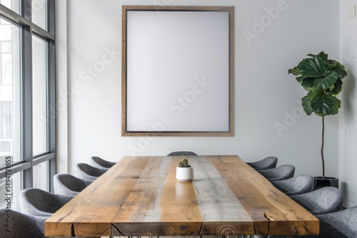 Modern Conference Room with Wooden Table and Empty Wall Frame