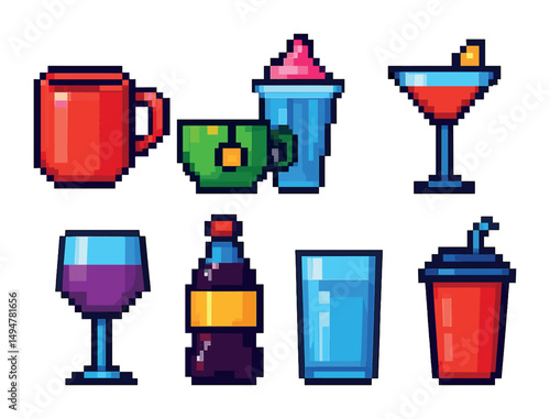 Beverage pixel art icons set – drinks, cups, cocktail and party graphics