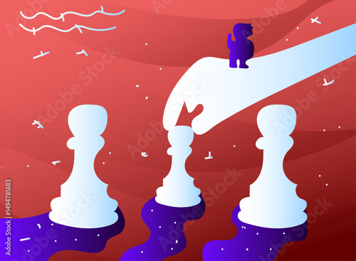 man controlled a hand chess piece fantasy concept illustration in flat gradient trendy background