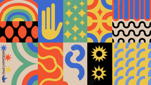 Colorful abstract pattern featuring geometric shapes rainbow hand stars and suns arranged in a grid layout