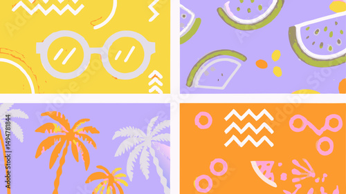 Four panel summer themed collage featuring sunglasses watermelon palm trees and abstract shapes on colorful backgrounds