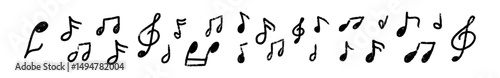 Doodle music notes with grunge hand-drawn style. Retro rock clefs and childish melody symbols. Flat vector illustration isolated on white background.