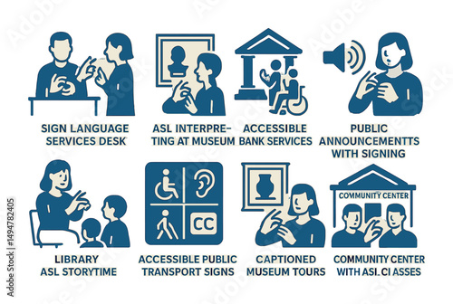 Sign language services icons set – solid, accessible, communication and asl symbols