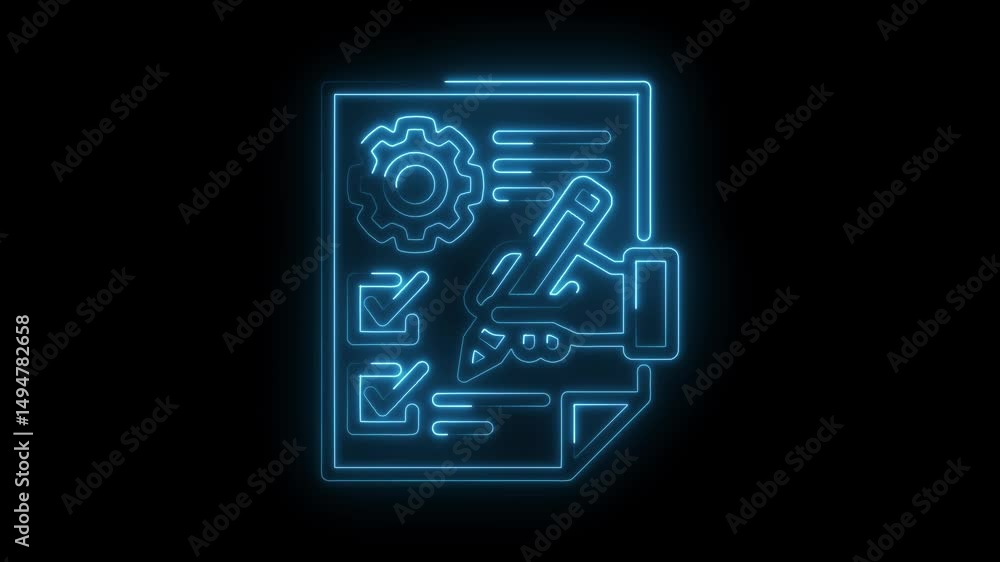 Glowing neon checklist with gear and hand writing on digital document concept Glowing neon checklist with gear and hand writing on digital document concept
