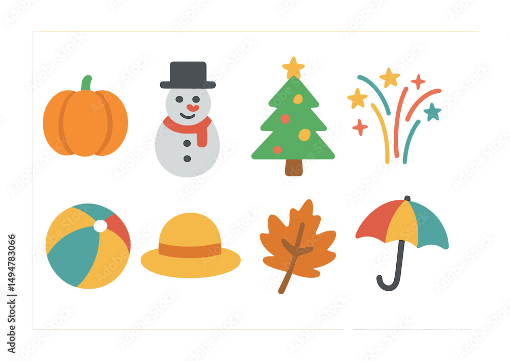 Obraz premium Holiday season flat icons set – decoration and celebration symbols