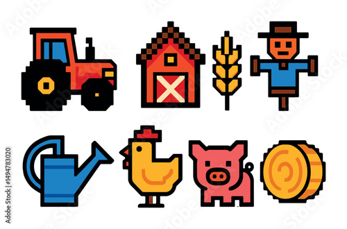 Farm life pixel art icons set – outline, agriculture, countryside symbols