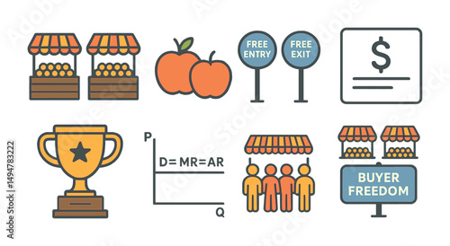 Economics flat icons set – market, trade, business and finance symbols